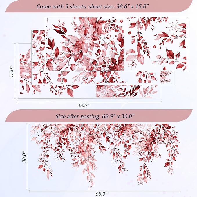 Burgundy Red Plants Leaves Wall Decals Peel and Stick, Large Floral Flowers Vinyl Wall Stickers, Removable Vine Home Decor Art for Bedroom Living Room Classroom Office
