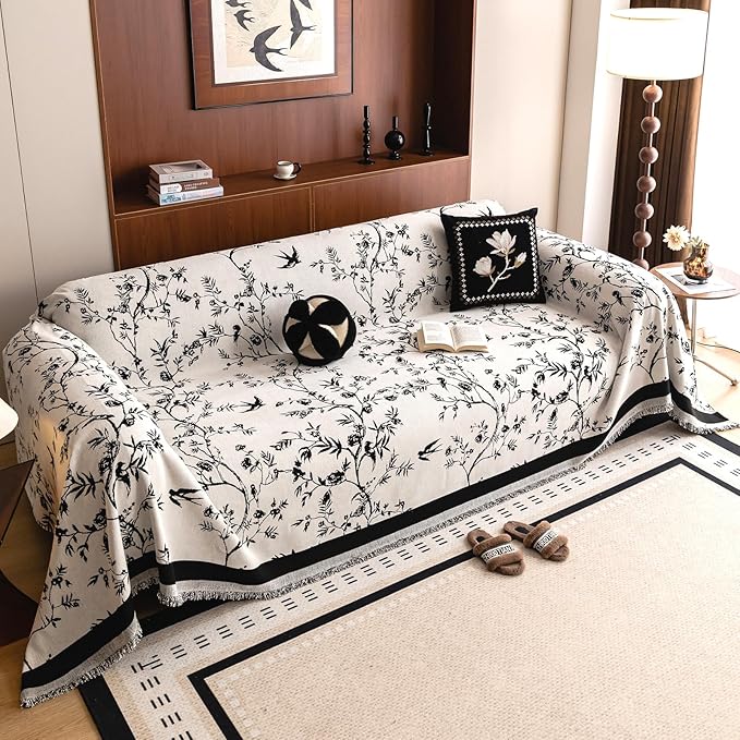 HANDONTIME Couch Cover for Dogs Washable Bird Floral Pattern Slipcovers for Couches and Sofas White Sofa Covers with Black Jacquard Flower Chenille Couch Cover Blanket Pet Friendly, 71" X 134"