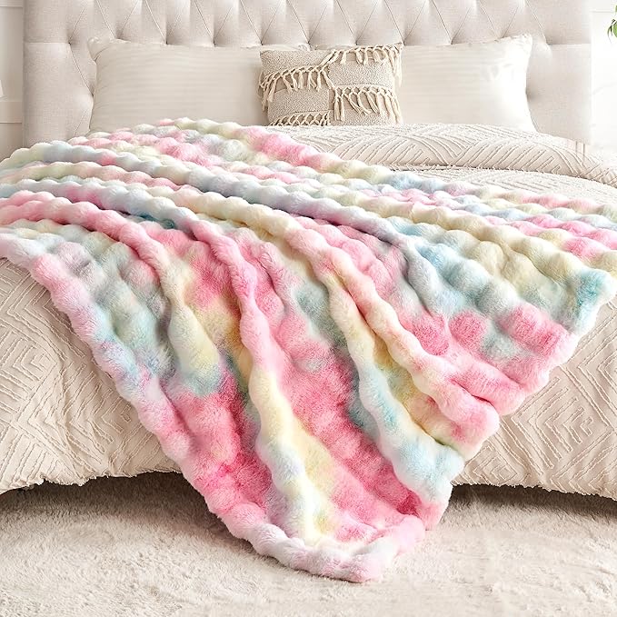 Luxury 1000GSM Faux Rabbit Fur Throw Blanket, Super Heavy Warm Cozy Blankets for Couch Bed Sofa, Bubble Plush Fuzzy Elegant Soft Reversible Mink Blanket for Living Room Bedroom, Rainbow