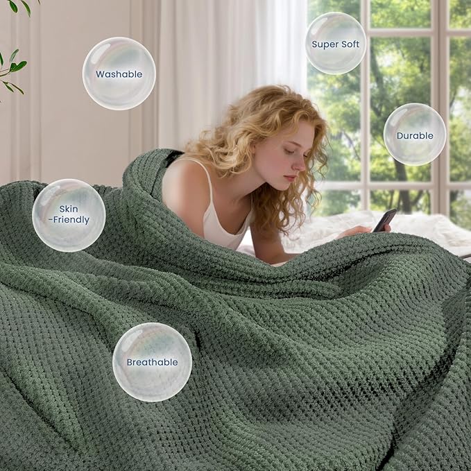 Waffle Knit Throw Blanket, Luxury Cozy Chunky Knit Throw Blanket for Couch, 50 x 60 Inch Thick Ultra-Soft Feather Yarn Knitted Blanket for Sofa, Bed, Home Decor - Sage