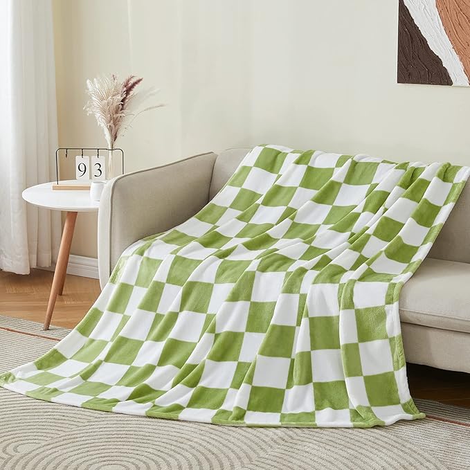 BEDELITE Checkered Twin Blanket for Couch Bed, Soft & Cozy Fleece Flannel Blanket with Checkerboard Grid Home Decor, Checkered Green, 60x80 Inches