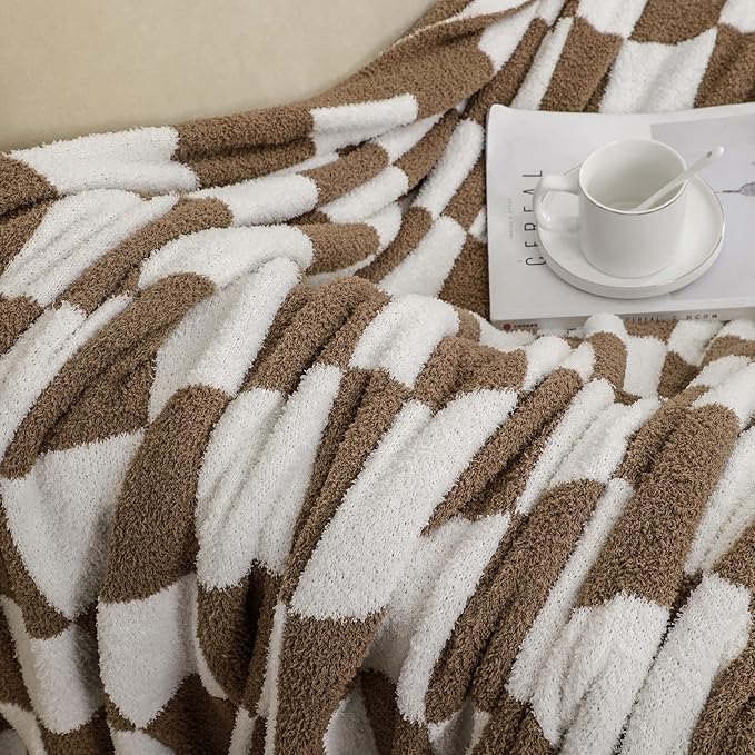 bearberry Fuzzy Checkerboard Grid Throw Blanket Soft Cozy Warm Microfiber Bed Blanket Decor for Couch Sofa Bed Travel Home (Mocha, 60''x80'')