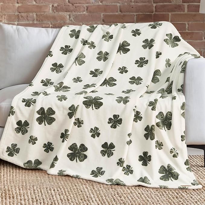 Lucky Brand 50" x 70" Plush Throw Blanket, Clover Ivory Blanket for Sofa or Bed