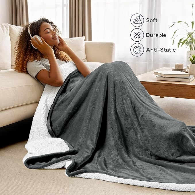 Utopia Bedding Sherpa Blanket Queen Size (Grey, 90x90 Inches) - Soft Warm Plush Fleece Reversible Blanket for Bed, Sofa, Couch, Camping and Travel