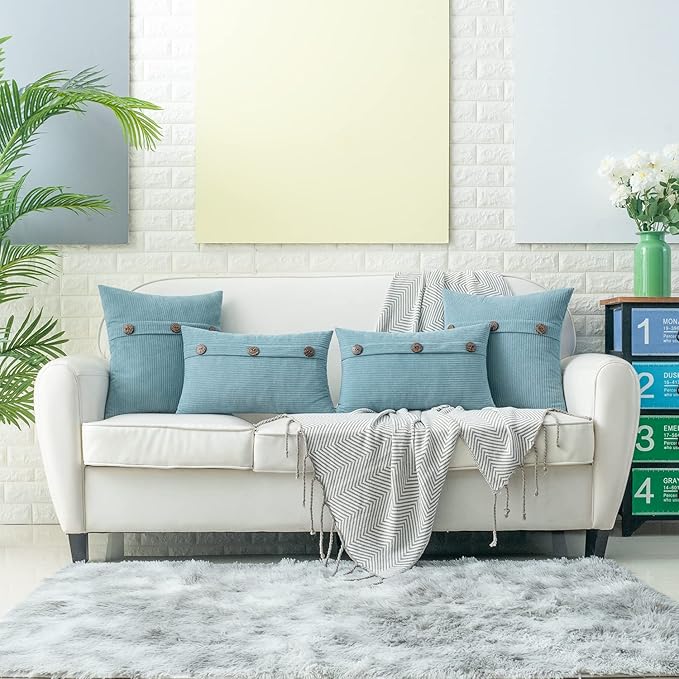 HWY 50 Light Blue Chenille Throw Pillow Covers 16x16 Inch with Triple Buttons, Soft Farmhouse Accent Decorative Cushion Cases for Couch Sofa Bed Living Room Pack of 2