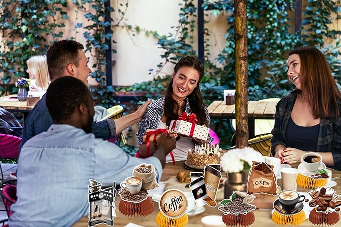 9 PCS Coffee Honeycomb Centerpieces Coffee Table Decorations Table Topper for Coffee Party Decorations Coffeehouse Birthday Party Supplies