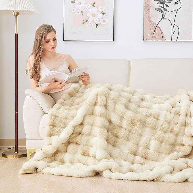 Light Tie-dye Yellow Faux Fur Rabbit Thick Throw Blanket for Couch Living Room 50x60 Fluffy Bed Furry Comforter Soft Blanket Best Housewarming Home Gifts 860 GSM