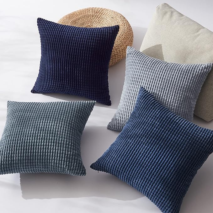 Topfinel 4 Packs Blue Decorative Throw Pillow Covers 16x16 Inch for Living Room Couch Bed Sofa, Boho Western Farmhouse Home Decor, Square Soft Moss Corduroy Fall Cushion Case 40x40 cm