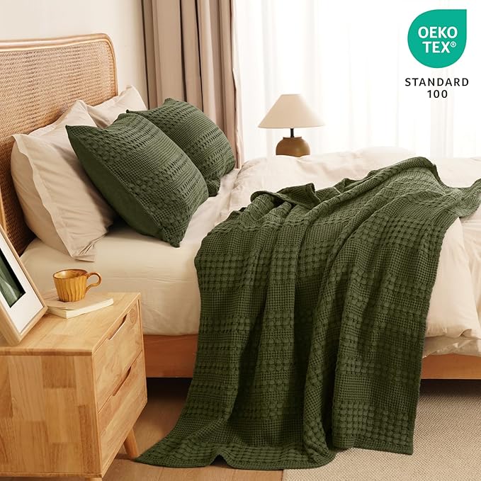 PHF 100% Cotton Waffle Weave Throw Blanket, Soft Lightweight Breathable Cozy Throws for Couch Bed Sofa, Luxury Aesthetic Blanket Gift for Home Decor & Office, 50"x60", Capulet Olive