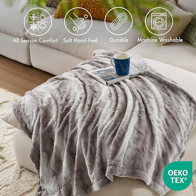Madison Park Throw Blanket, Soft Faux Fur Blanket Plush Reversible Throw Home Decor, Luxuriously Soft All Seasons Fuzzy & Cozy Blanket, Knitted Throw for Couch, Bed Blanket, Zuri, 50x60 Grey