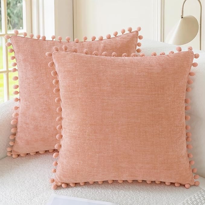 CaliTime Throw Pillow Covers Decorative 20 X 20 Inches Pack of 2 Cozy Solid Dyed Soft Chenille Cushion Cases with Pom Poms for Couch Sofa Bed Living Room Home Dusty Pink
