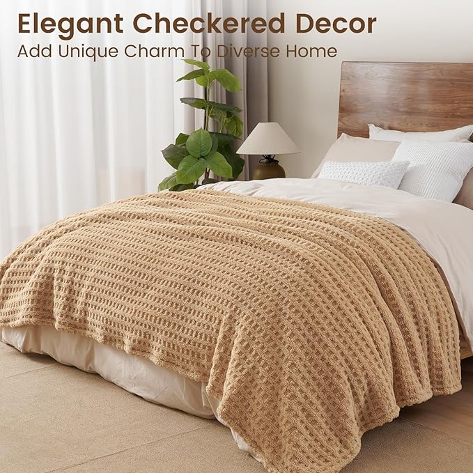 David's Home Ultra Soft Fleece Blanket Queen Size for Bed, Plush Shaggy Fluffy 3D Jacquard Waffle Throw for Couch, Warm Lightweight for Fall Winter,Fuzzy Aesthetic Room Decor,90x90 inches,Latte
