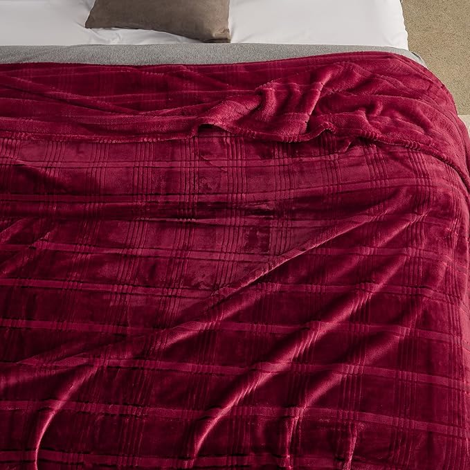 Super Soft Flannel Queen Blanket 90x90 Inches, Premium Checkered Jacquaed Silky Fleece Lightweight Bed Blanket All Season Use, Burgundy Strip, 90"x90"