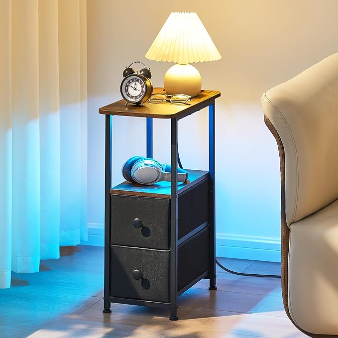Narrow End Table with Charging Station, Narrow Side Table with Drawer, Small Nightstand with LED Light, Skinny Nightstand, Small Bedside Table for Living Room, Bedroom, Couch, Rustic Brown
