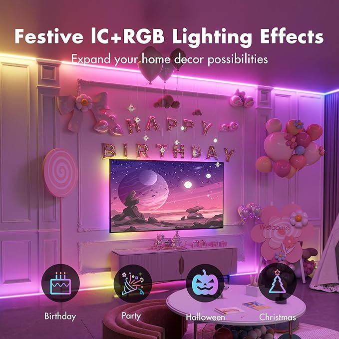 Led Lights for Bedroom 200FT Smart IC+RGB, Music Sync Color Changing Strip Lights, 24Key Remote+App Control Light Strip for BedHead,Underbed,Ceiling,Background Wall(2Rolls of 100FT)