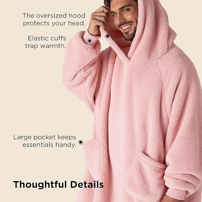 Bedsure Pink Blanket Hoodie, Wearable Blanket Hoodie Plus Size, Birthday Gifts for Wife Mom GF Women Men, Warm Cozy Hoodie Blanket Oversized Sweatshirt for Adult, Plush, White Elephant Gift Ideas