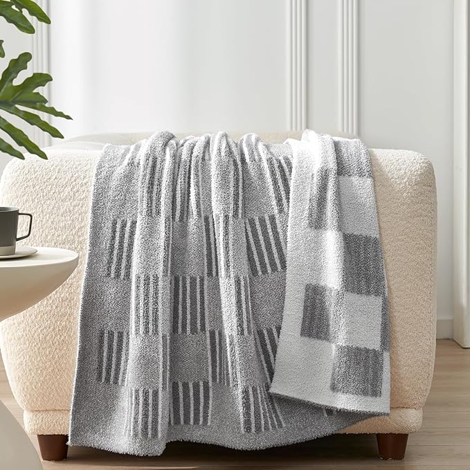 Snuggle Sac Checkered Throw Blanket for Couch,Reversible Soft Cozy Fluffy Blankets for Sofa Bedroom,Cute Lightweight Striped Throws for Women,Heather Light Grey,60x80 inches