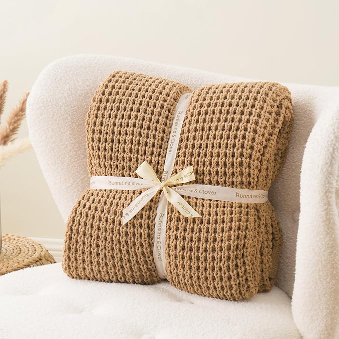 Bunnikins & Clover Beige Throw Blanket for Couch, Knitted Beige Throw for Bed, Neutral Throw Blankets Tan Blanket for Room Decor Housewarming Gifts, 50"x60"