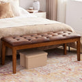 Ottoman Bench Upholstered Padded Seat with Solid Wood Legs and Button-Tufted, Big Oversized Ottoman, Faux Leather Retro Brown