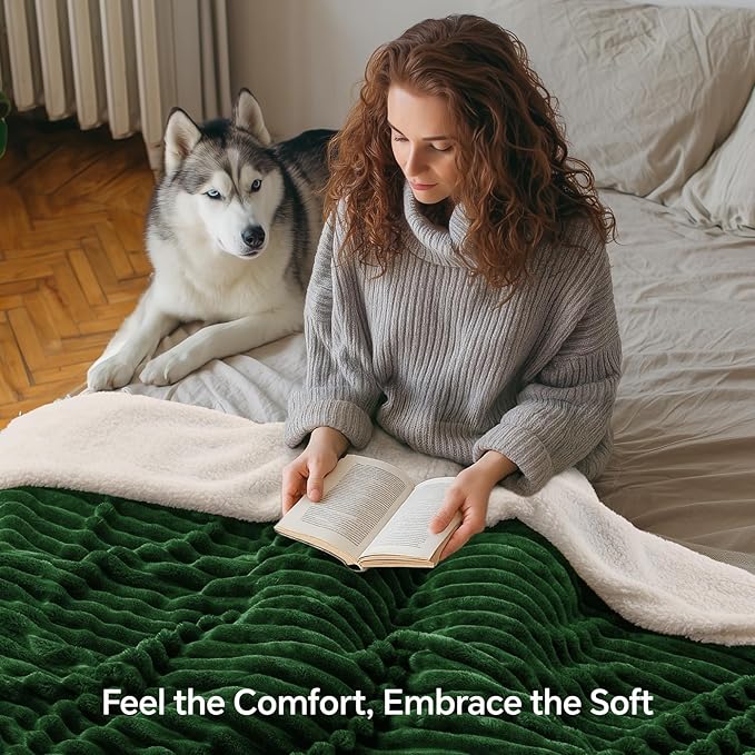 INFIIXSO Sherpa Fleece Queen Size Blanket - Super Soft & Warm Striped Fleece, Cozy Plush Fluffy Large Bed Blanket All Season Use (Dark Green, 90x90 Inches)