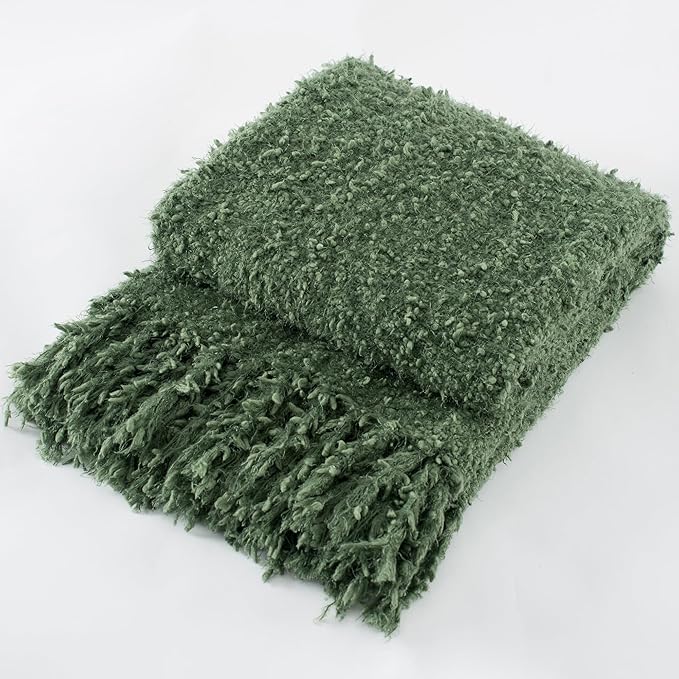 Winter Knit Throw Blanket Fluffy Fuzzy Soft Lightweight Cozy Farmhouse Tassels Chunky Knitted Throws for Couch Sofa Bed (Green, 60"x80")