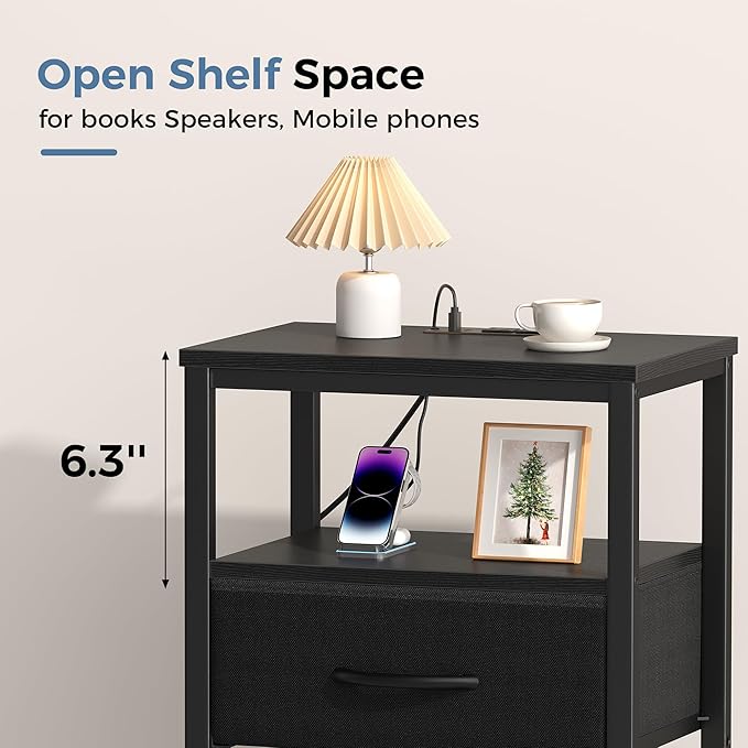 DUMOS Nightstand Set of 2 with Wireless Charging Station Bed Side Tables with Adjustable Fabric Drawers 3-Tier Storage End Tables Modern Design,Black