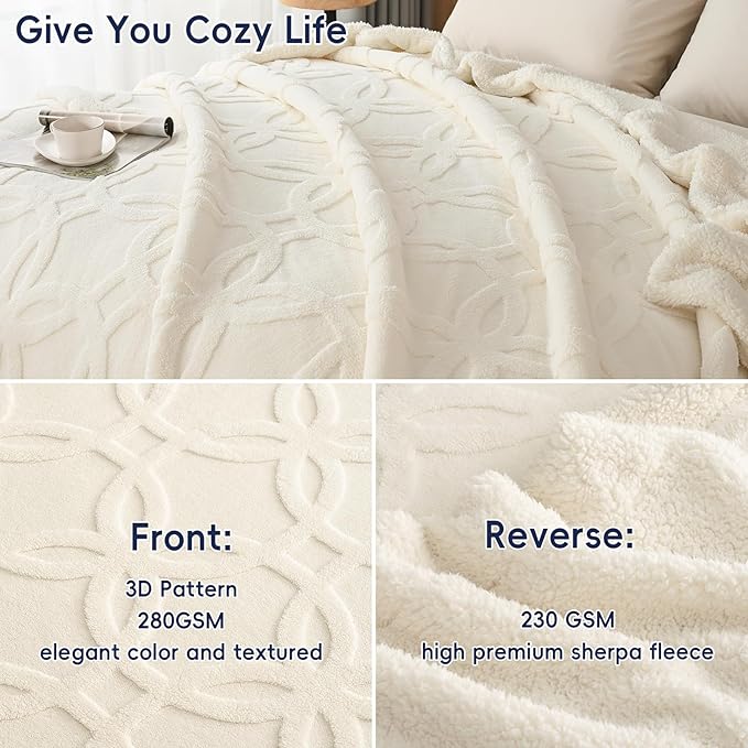 PHF Soft Sherpa Fleece Blanket Queen Size for Bed, 510GSM Fleece Lightweight Yet Warm Blanket, No Shed No Pilling, 90" x 90", Tufted Jacquard Cozy Thick Bed Throw for Home Decor Gift, Cream