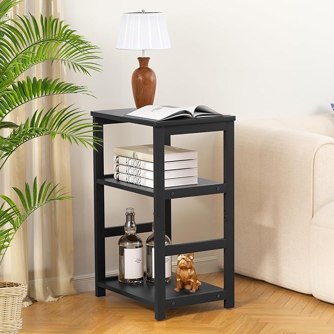 VASMIA End Table, 3-Tier Side Table with Storage Shelf, Bamboo Nightstand Bedside Table for Small Spaces, Bedroom, Living Room, Entryway,Farmhouse,Black