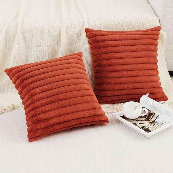 Pallene Faux Fur Plush Fall Throw Pillow Covers 24x24 Set of 2, Luxury Soft Fluffy Striped Decorative Pillow Covers for Sofa, Couch, Living Room, Rust