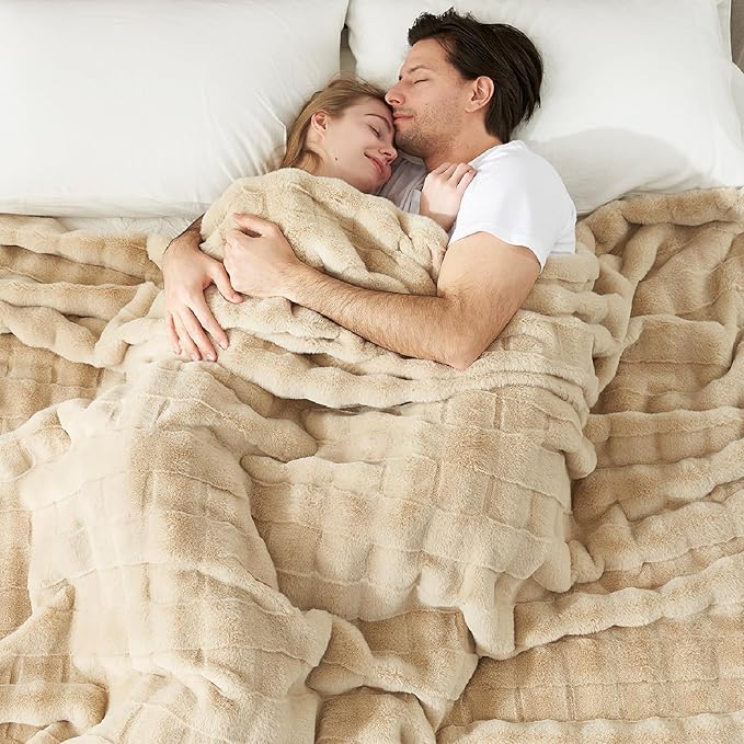 Cozy Bliss Fluffy Faux Fur Blanket Queen Size for Bed, Fuzzy Soft Striped Plush Blanket, Thick Throw for Bedroom Couch Gift, 90x90 Inches Beige