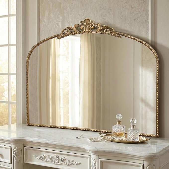 Micasso Large Gold Antique Mirror: 40"x29" French Baroque Arched Mirror - Traditional Ornate Vintage Mirrors for Wall/Mantel/Entryway/Bathroom/Hallway - Home Decor for Living Room