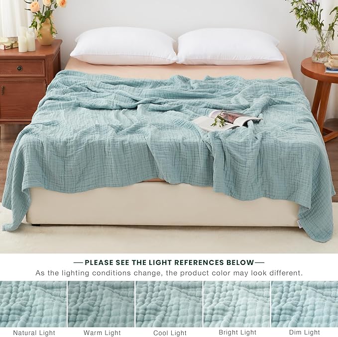 Love's cabin 100% Cotton Muslin Blanket, 6 Layer Lightweight Breathable Gauze King Size Blanket 108 x 90 Inches, Soft Summer Blanket for Bed, Cyan