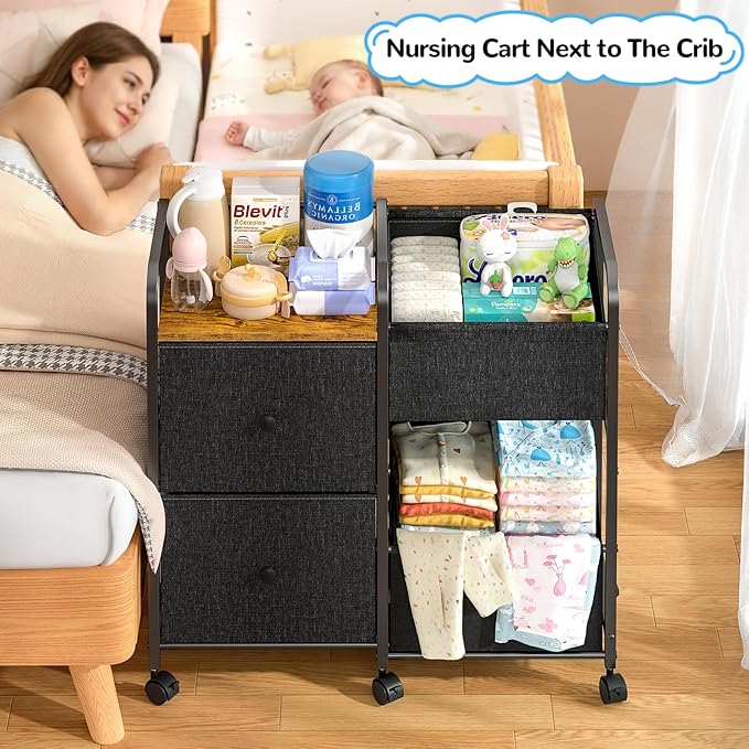 Baby Diaper Caddy Organizer Cart, Bedside Cart for Baby Essentials, Newborn Rolling Ulitity Cart with Drawers and Wheels, Baby Organizers and Storage for Bedroom, Living Room, Bathroom
