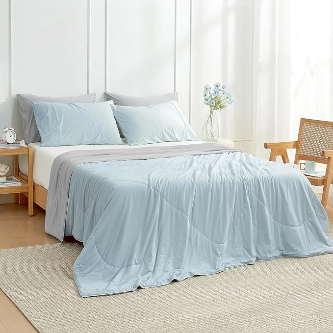 Cozy Bliss Cooling Comforter Queen Size, Cooling Blankets for Hot Sleepers and Night Sweats, Gray Blue Summer Comforter for Queen Size Bed, Breathable Soft Lightweight Silk Smooth