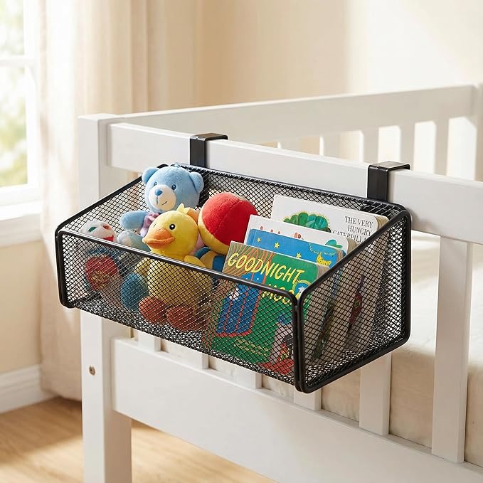 Bedside Caddy Shelf Hanging Storage Basket for Bunk Bed, Office Cubical Walls, Baby Rails, College Dorm Organizer - 5 Pairs Sized Hooks for Phone, Glass, Magazine, Decor (Black)