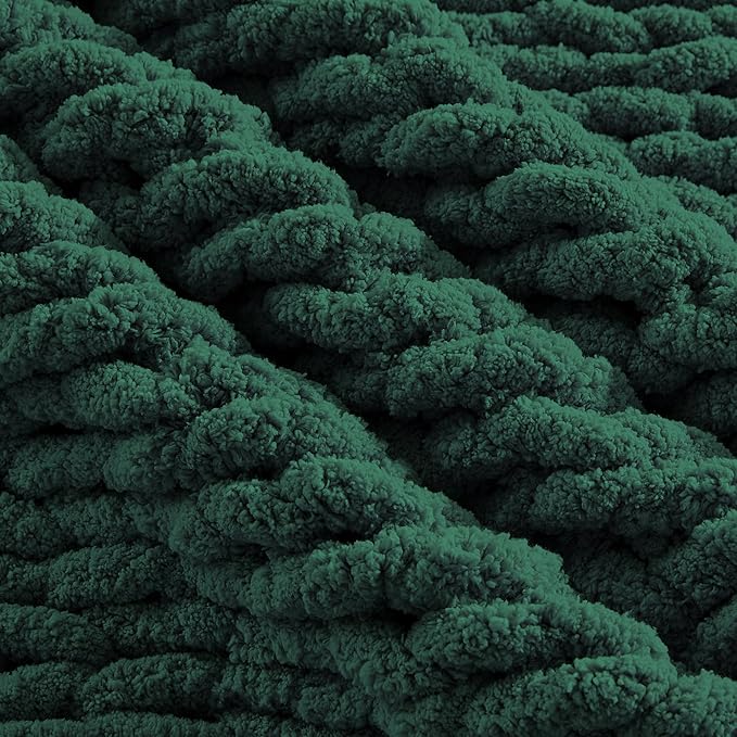 Carriediosa Chunky Knit Throw Blanket 50" X 60", 100% Hand Made Large Chenille Loop Yarn Soft Fluffy Throws for Couch Sofa Bed, Big Crochet Cozy Heavy Thick Cable Woven Blankets, Dark Green