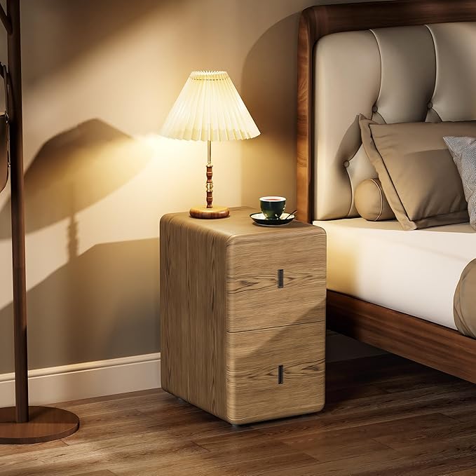 VICITON Narrow Nightstand with Drawers, Faux Leather Bedside Table, Solid Wood Drawer, Small Side Table for Bedroom (Leather Yellow Oak, 11.8" x 15.7" x 19.7")