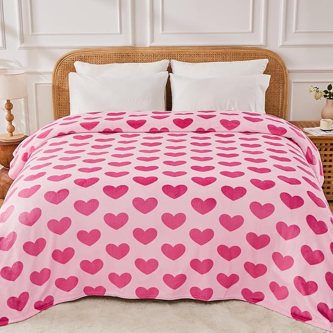FY FIBER HOUSE Heart Flannel Throw Blanket Soft Cozy Blankets for Lover Gifts All Season Use, 60x80 Inches, Hot Pink