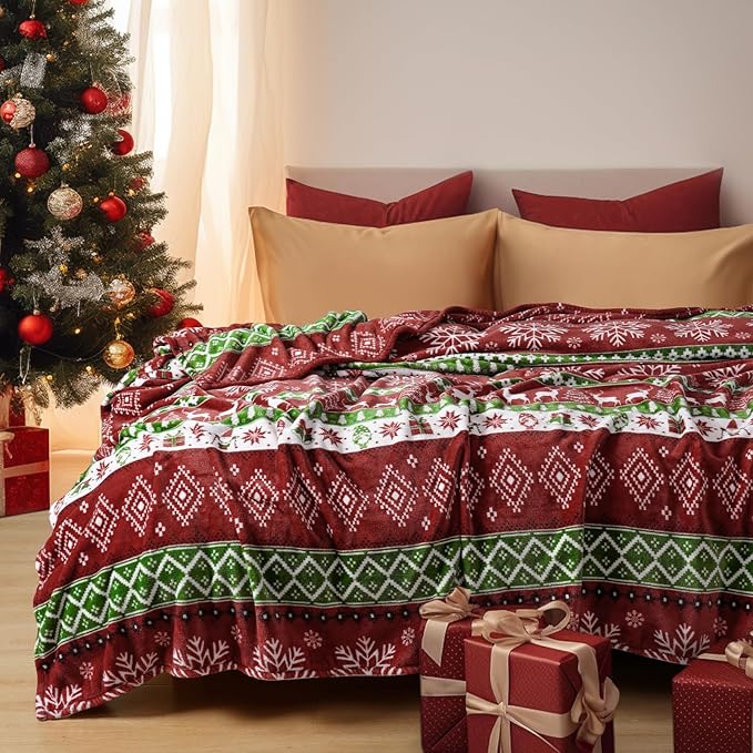 PHF Printed Fleece Blanket King Size, No Shed No Pilling Ultra Soft Plush Cozy Xmas Prints Theme Home Décor Flannel Blanket for Bed, Sofa, Couch and Gift, 108" x 90", Retro Christmas
