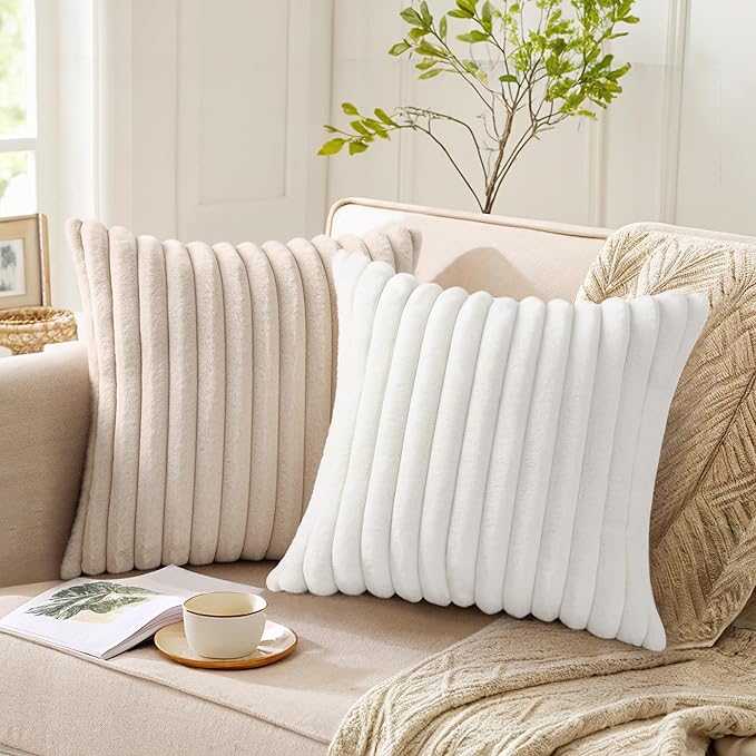 Pallene Faux Fur Plush Throw Pillow Covers 20x20 Set of 2, Luxury Soft Fluffy Striped Decorative Pillow Covers for Sofa, Couch, Living Room, Apricot