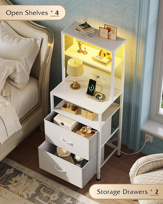 WLIVE Nightstand Set of 2 with Charging Station, LED Night Stands with 2 Fabric Drawers and 4 Storage Open Shelves, Bedside Table Sets for Bedroom, White