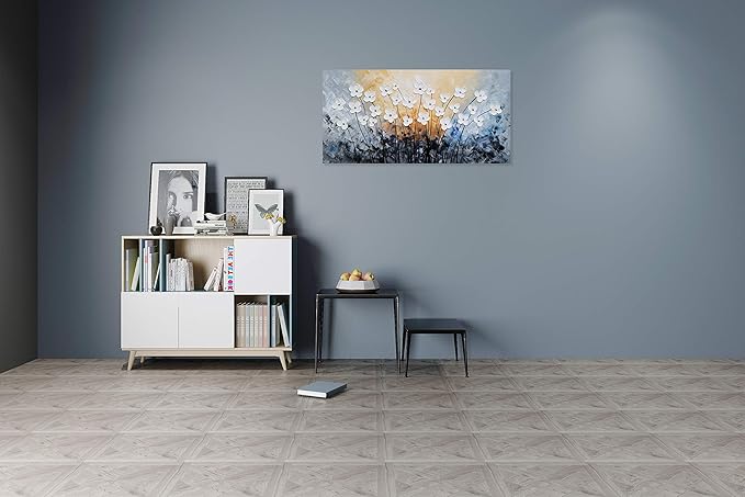 SYGALLERIER White Flower Canvas Wall Art - Hand Painted 3D Oil Paintings - Black Blue Pictures for Living Room Farmhouse Dinning Room Decor