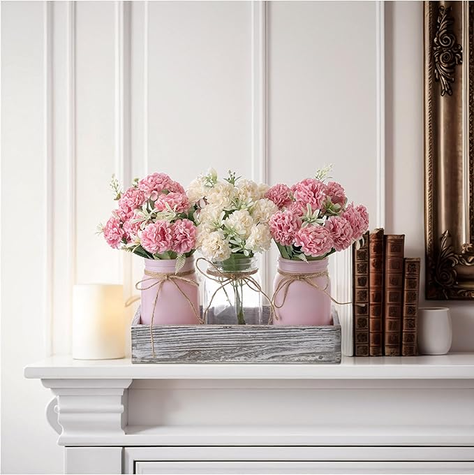 LUEUR 3PCS Artificial Hydrangea Flowers in Mason Jars with Wood Tray for Dining Table Coffee Table Farmhouse Home Decor Centerpieces Spring Decor Perfect for Kitchen, Living Room, Bathroom