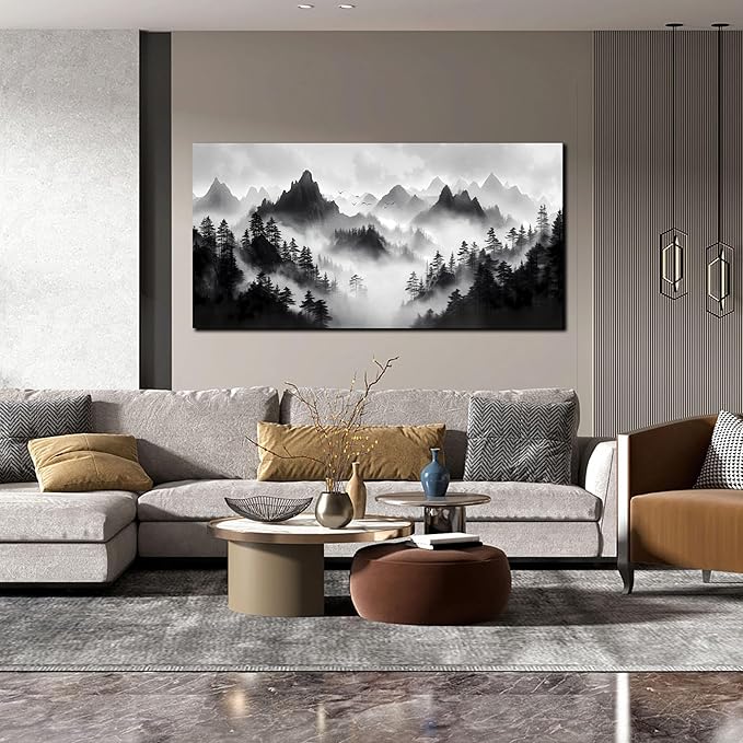Forest Pictures Wall Art for Living Room Large Size - Mountain Landscape Art Wall Decor for Bedroom - Black and White Canvas Wall Art Size 29" x 59"