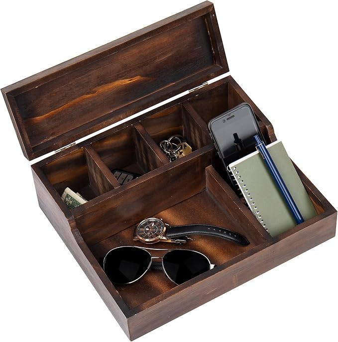 Mind Reader Valet Dresser Organizer, Jewelry Tray, Mens Accessory, Bedside Caddy, Bedroom Org, Wood, 12"L x 10"W x 4"H, Brown