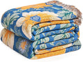 Boho Throw Blanket - 100% Cotton Ultra Soft Muslin Spring Blanket, 60"x80" Lightweight Floral Bird Framhouse Bedding Blanket for Bed, All Season Blue Bohemian Bedroom Home Decor Quilt