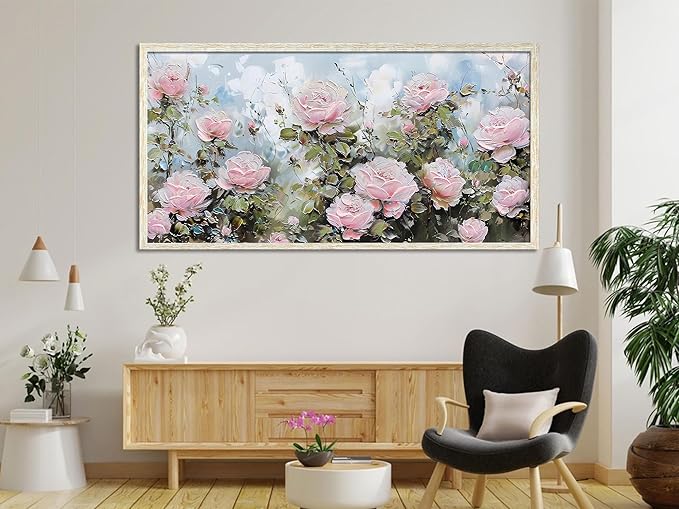 Ardemy Pink Rose Wall Art Canvas for Living Room, Flower Painting Modern Textured Floral Bedroom Picture Artwork Framed Home Office Kitchen Decor Large 48"x24"