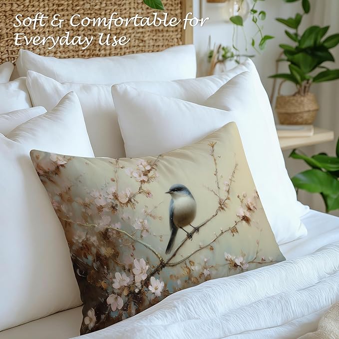 Vintage Spring Bird Lumbar Pillow Cover 12x20 Double-Sided, Nature Room Decor, Farmhouse Spring Pink Floral Bird Decorative Throw Pillow Cover for Living Room Home Bedroom