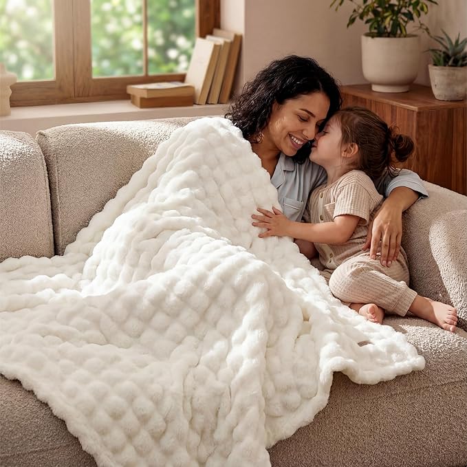 Bedsure 3D Fleece Bubble Blanket for Couch - GentleSoft White Twin Blanket for Sofa Bed Room Decor - Luxury Soft Cozy Spring Gifts for Women, Lightweight, All Seasons, Off White, 60"×80"