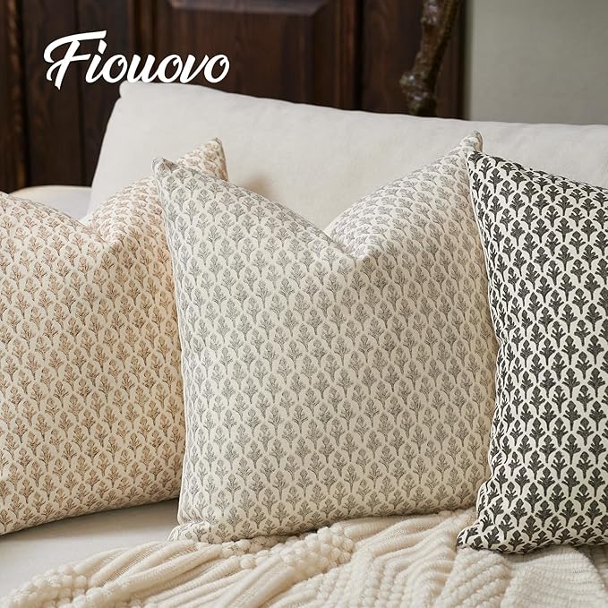 FIOUOVO Floral Pillow Covers 20x20 Pillow Cover Block Print Couch Pillows for Living Room Decorative Neutral Accent Throw Pillow Covers, 1PC, Light Taupe